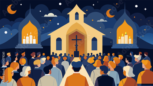 A church filled with flickering candles as a community comes together to pray and remember the struggles of their ancestors.. Vector illustration