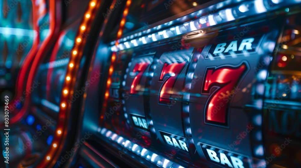 Close-up view of a vibrant slot machine displaying luminous symbols like sevens and bars.