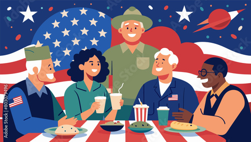 A group of veterans sitting together sharing stories and laughs over a barbecue dinner surrounded by a backdrop of stars and stripes.. Vector illustration