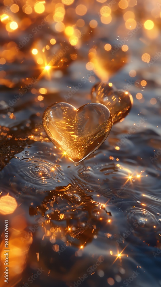 A whimsical image of golden hearts floating on a digital river through a virtual landscape