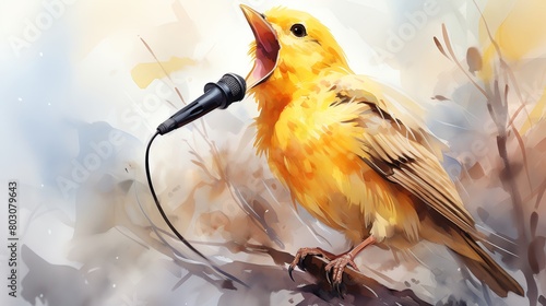 A yellow canary bird singing into a microphone. photo