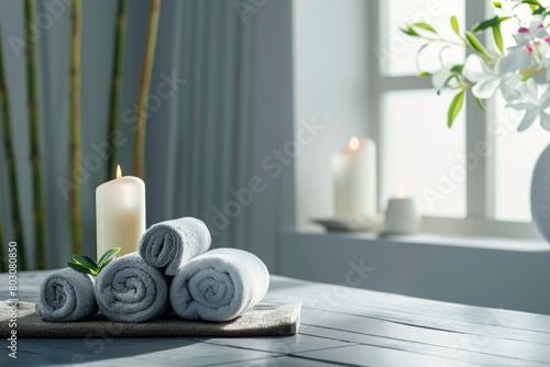 A tranquil spa scene with rolled soft grey towels