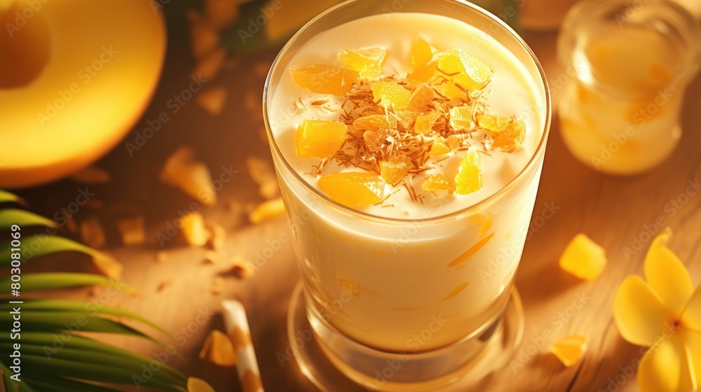 creamy mango smoothie blended with mango chunks, coconut milk, and a touch of maple syrup, served in a tall glass with a sprinkle of dried mango bits. creamy mango smoothie blended with mango chunks, coconut milk, and a touch of maple syrup, served in a tall glass with a sprinkle of dried mango bits.