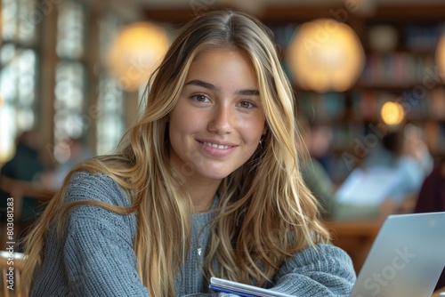 Cheerful young student studying with books and laptop in a library  radiating positivity and focus