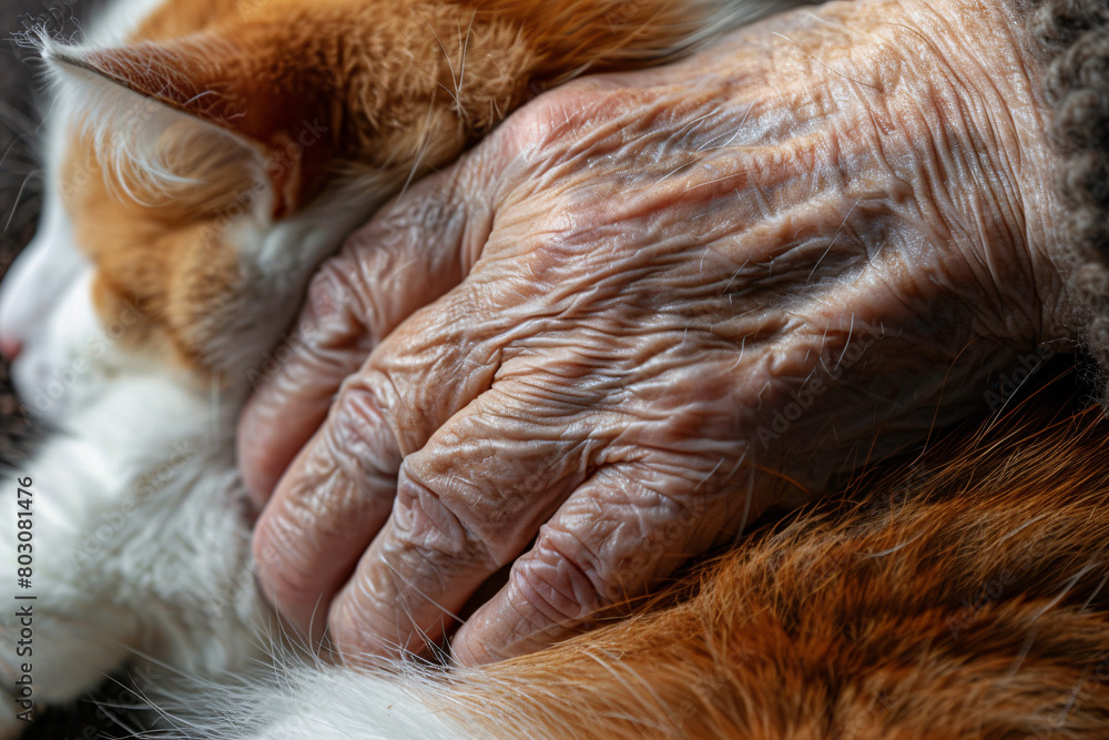 Fototapeta premium Close up of old senior person's hand in cat fur