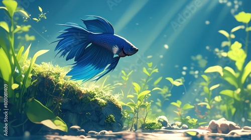  curious blue betta fish swimming through its underwater world of plants and rocks. 