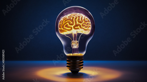 A lightbulb with a human brain inside, lit up.