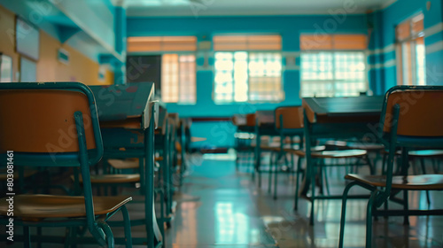 Empty school classroom without young student