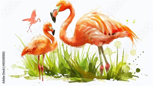 cartoon flamingo in the grass on a white background