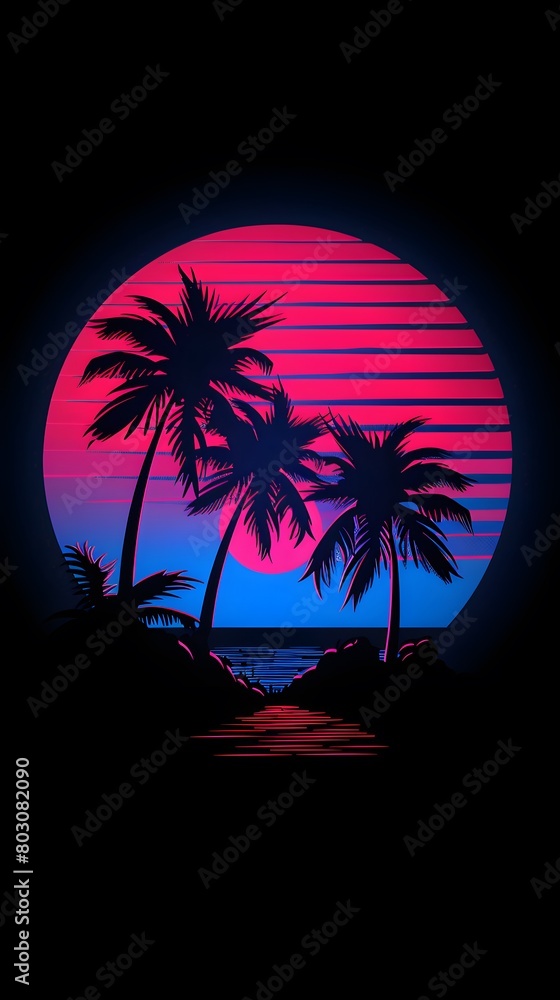 aesthetic black, blue and pink logo with palm trees and sunset, vintage 80s style, vector design for tshirt printing
