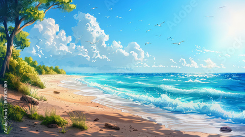 A tranquil beach scene with turquoise waves crashing onto sandy shores under a clear sky, with birds flying and lush greenery at the edge.