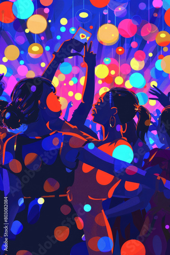 A vibrant painting showing a group of people dancing energetically in a festive party setting