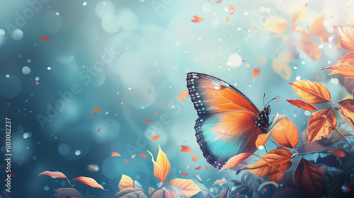A vibrant orange butterfly perched on autumn leaves against a soft  bokeh light background  embodying a serene  whimsical mood in a magical natural setting.