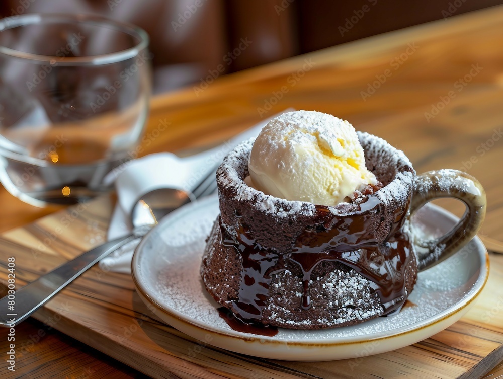 A freshly baked chocolate lava cake topped with a scoop of vanilla ice cream, served on a ceramic plate. A freshly baked chocolate lava cake topped with a scoop of vanilla ice cream, served on a ceramic plate.