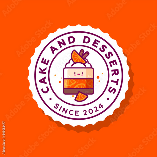 Cake and Desserts sign. Cafe and Shop emblem. Dessert with jelly, souffle and oranges pieces into wavy circle. Kawaii emoji. Smiley face.
