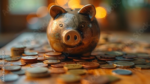 importance of saving with an image of a piggy bank filled with coins and banknotes, emphasizing the value of frugality and thrift. photo