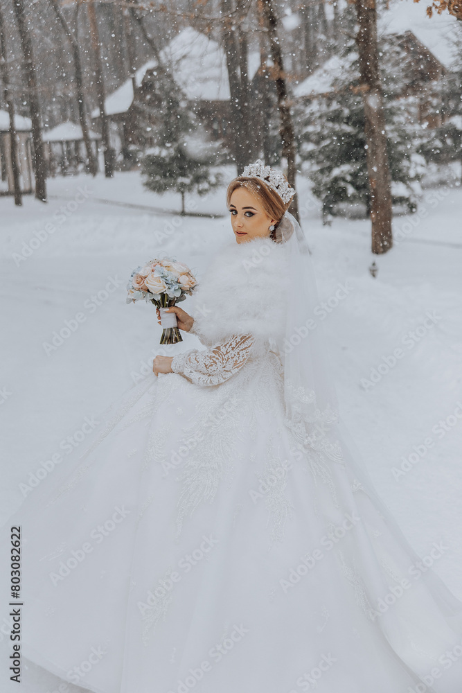 A bride is standing in the snow wearing a white dress and a tiara. She is holding a bouquet of flowers A bride is standing in the snow wearing a white dress and a tiara. She is holding a bouquet of flowers