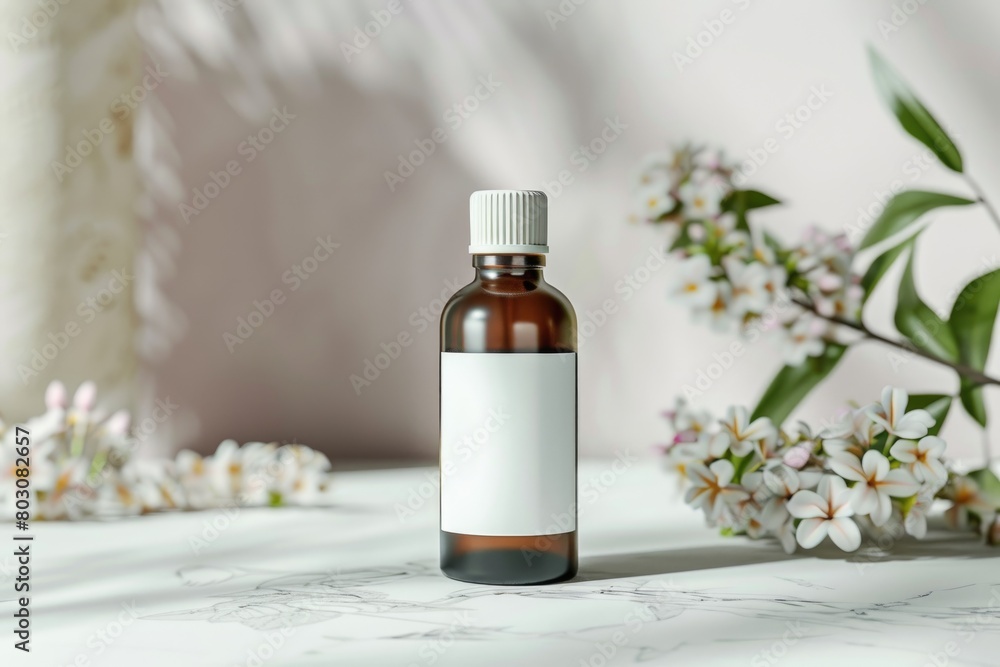 Serene Amber Glass Bottle with Blank Label in Soft Natural Light Serene Amber Glass Bottle with Blank Label in Soft Natural Light