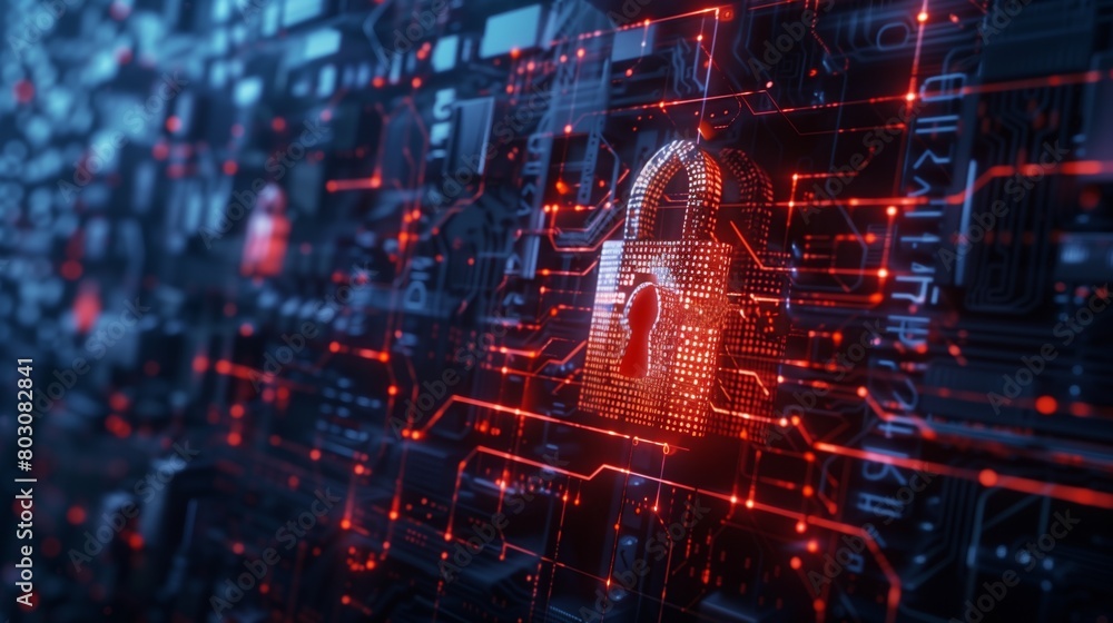 Futuristic digital padlock on a circuit board, representing cybersecurity and data protection concepts. Futuristic digital padlock on a circuit board, representing cybersecurity and data protection concepts.