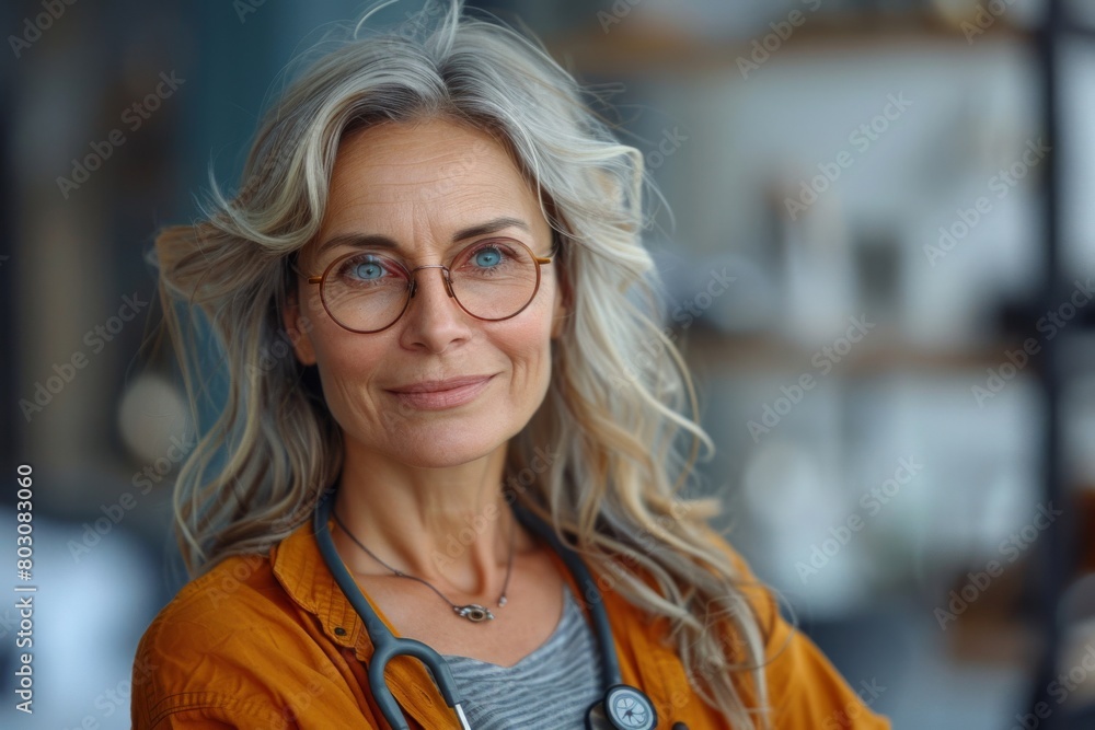 Close-up of a confident mature woman cardiologist with a stethoscope, smiling at the camera in a medical office setting Close-up of a confident mature woman cardiologist with a stethoscope, smiling at the camera in a medical office setting