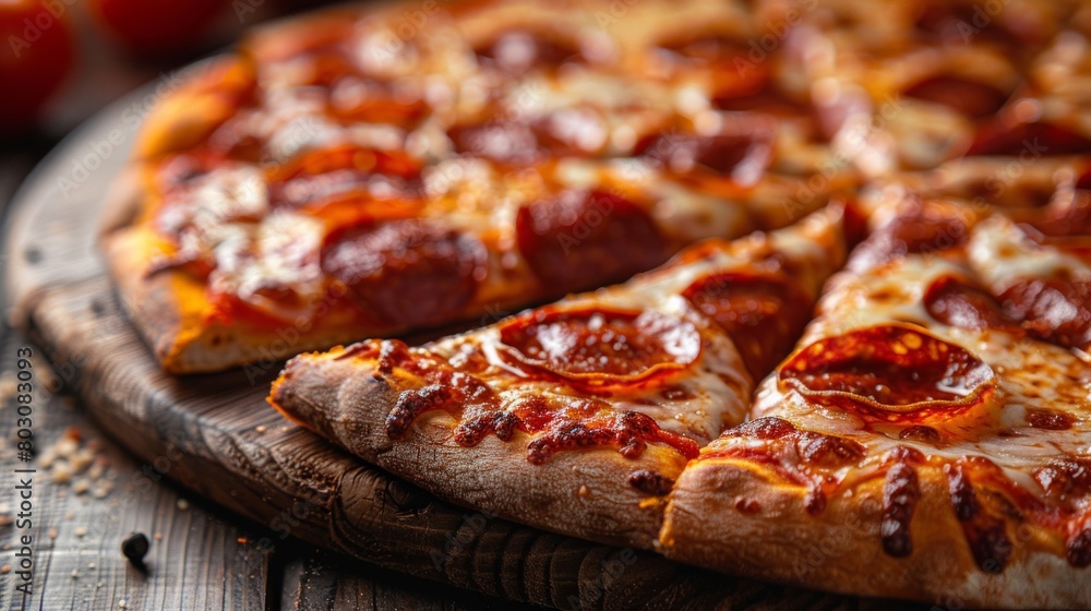 Close-up of a delicious slice of pepperoni pizza with melted cheese and crispy crust on a rustic wooden cutting board