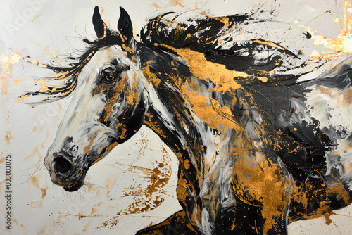A contemporary artwork created through the expressive technique of knife painting  capturing the spirit of a horse with bold gold and black accents.