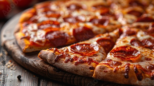 Close-up of a delicious slice of pepperoni pizza with melted cheese and crispy crust on a rustic wooden cutting board