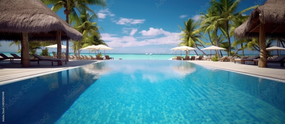 Luxury beach resort near endless swimming pool on tropical island