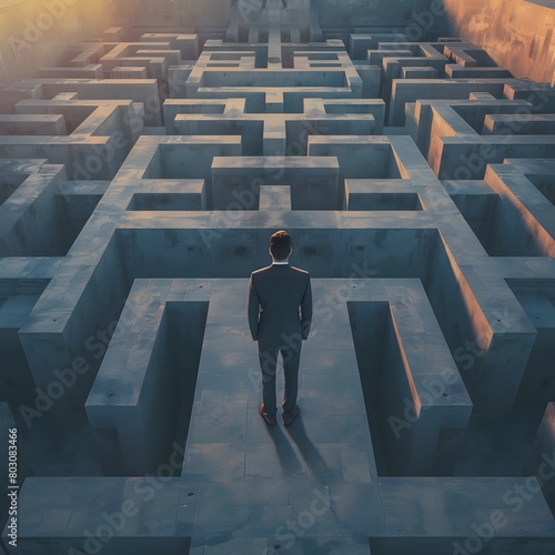 A businessman stands in the center of a maze, symbolizing the challenges of decision-making in business