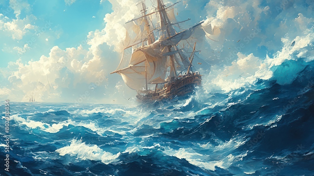 © Jeerawut - majestic tall ship sailing through a stormy sea in a classic oil painting style. © Jeerawut - majestic tall ship sailing through a stormy sea in a classic oil painting style.