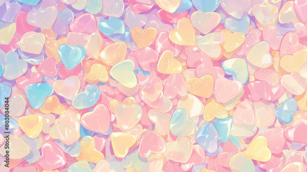   mesmerizing pattern of candy hearts, arranged in a kaleidoscope of pastel hues, forming a heart-shaped design. 