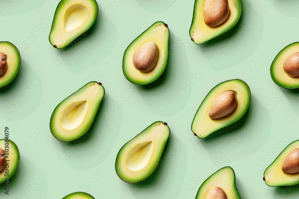 Fresh Avocado Pattern on Light Green Background Fresh Avocado Pattern on Light Green Background