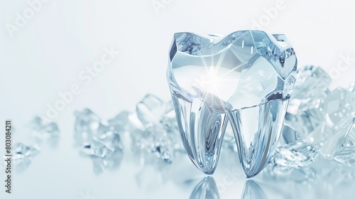 A digitally created image of a transparent crystal tooth surrounded by smaller fragments set against a light blue background. photo