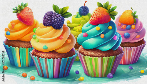 oil painting style CARTOON CHARACTER CUTE baby Delicious and Colorful Fruit-Topped Cupcakes isolated on white background