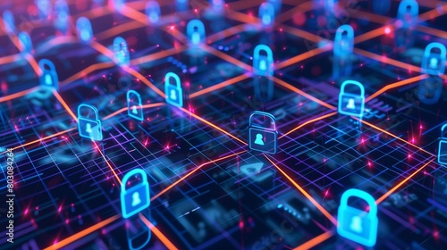 Futuristic digital network grid featuring glowing padlocks symbolizing cybersecurity on a dark background.