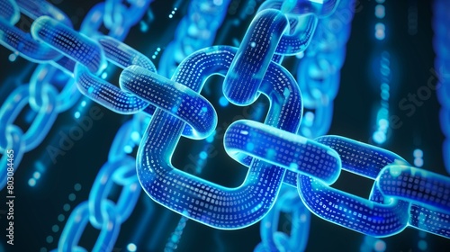 Digital illustration of glowing blue chains with binary code, symbolizing blockchain technology. photo