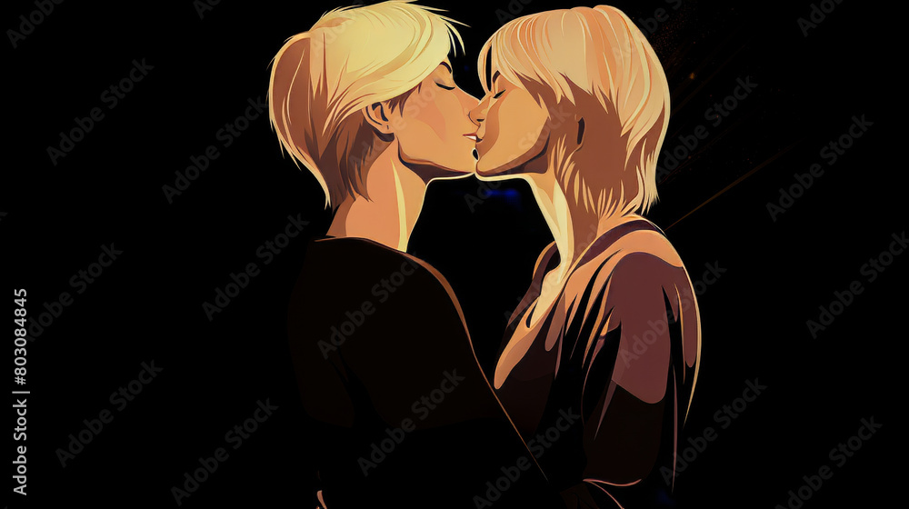 A blonde lesbian cartoon couple kissing under a spotlight with a dark background.