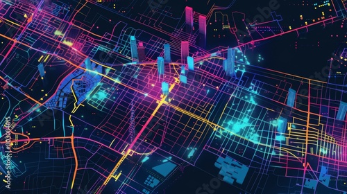 Futuristic digital city map with glowing neon lines and urban landscape
