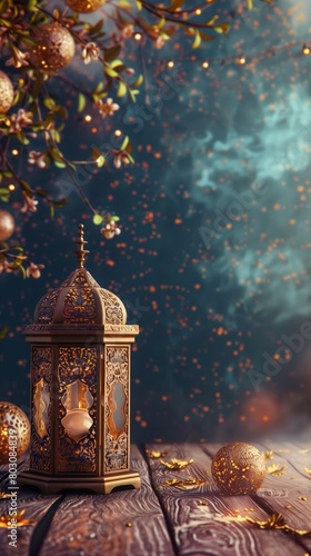 An ornate lantern and golden baubles on a wooden table with glowing lights and foliage backdrop.