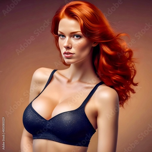 Portrait of a young pretty red-haired woman with long curly hair. Portrait of a beautiful redhead girl.