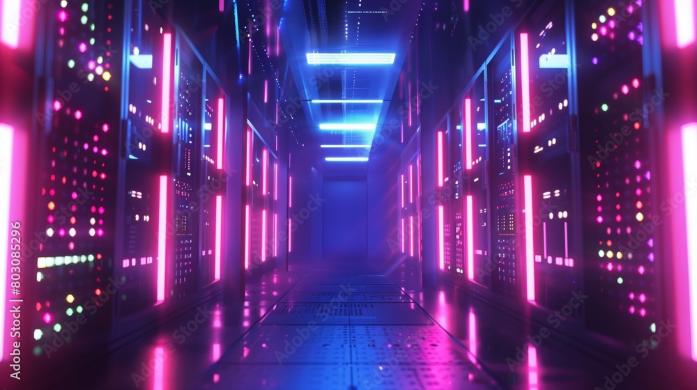 Futuristic server room illuminated by vibrant pink and blue neon lights reflecting off metallic floors.