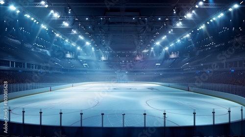 A large, empty hockey arena captured under bright lights, showcasing an icy, unblemished rink surrounded by vast seating.