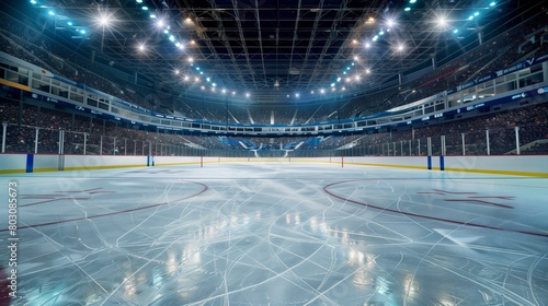 An empty ice hockey arena with a well-lit, scratched surface and filled spectator stands.