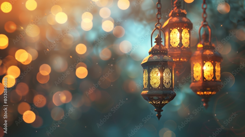 Elegant traditional lanterns glowing against a backdrop of festive bokeh lights, suitable for Ramadan or Eid celebrations. Elegant traditional lanterns glowing against a backdrop of festive bokeh lights, suitable for Ramadan or Eid celebrations.