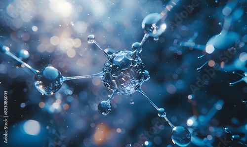 Intricate 3D rendering of a molecule structure with transparent spheres and connecting rods, highlighted by vibrant against a soft-focus background