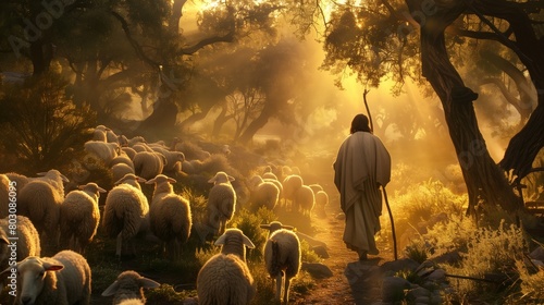 A shepherd in traditional attire leading a flock of sheep through a mystical forest bathed in golden sunlight. #803086095