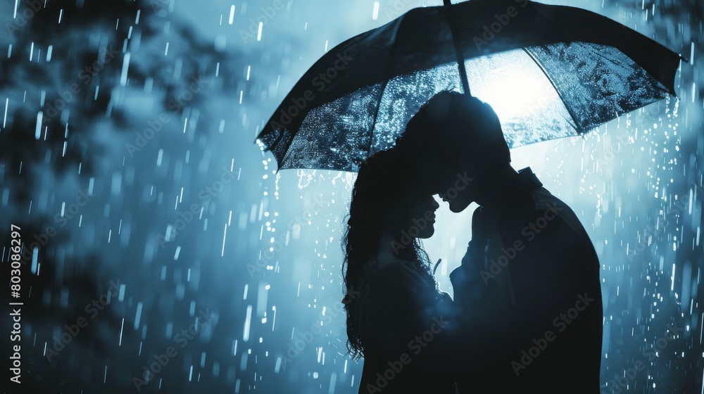 A picture of a man and a woman standing together in the rain. Suitable for illustrating love, togetherness, or weather-related concepts.