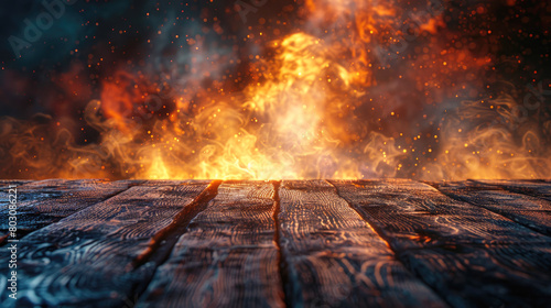 Fiery background with burning flames and empty wooden table surface in the foreground.