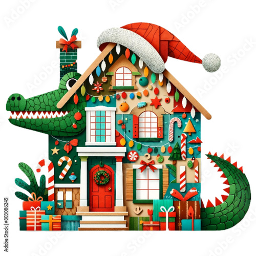 A green alligator wearing a red Santa hat is standing in front of a gingerbread house decorated with candy canes  presents  and lights