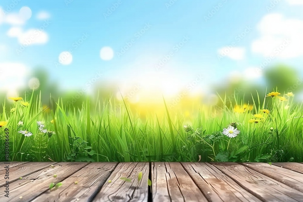 Fototapeta premium Empty wooden table with outdoor garden grass bokeh and sunny sky. Template backdrop for display your product. generative ai.